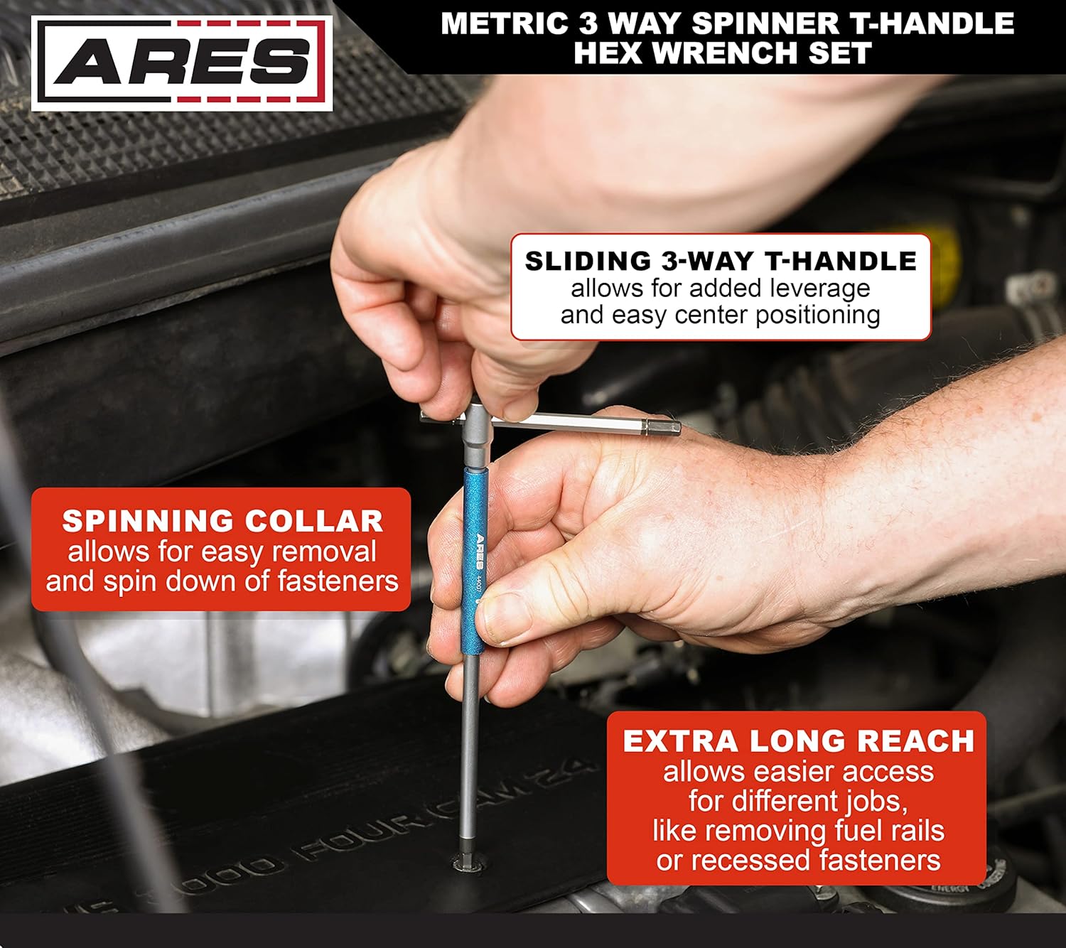 ARES 44001 – 8-Piece Metric 3-Way T-Handle Spinner Hex Allen Key Wrench Set – Sizes from 2mm to 10mm – Sliding Handle, Spinning Sleeve for Versatile Speed and Leverage Application8